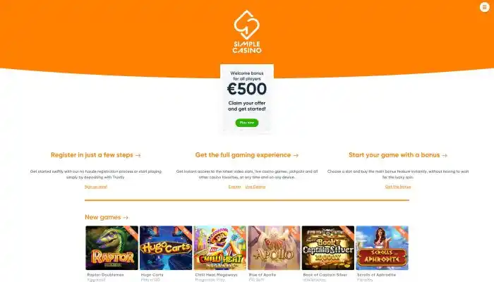 Actuele Simple Casino homepage of lobby-interface